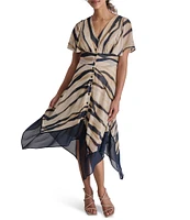 DKNY by Donna Karan Flutter Sleeve Tiger Print Chiffon Handkerchief Hem Midi Dress