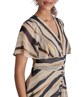 DKNY by Donna Karan Flutter Sleeve Tiger Print Chiffon Handkerchief Hem Midi Dress