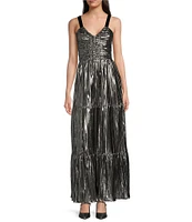 DKNY by Donna Karan Foil V-Neck Sleeveless Tiered Maxi Dress