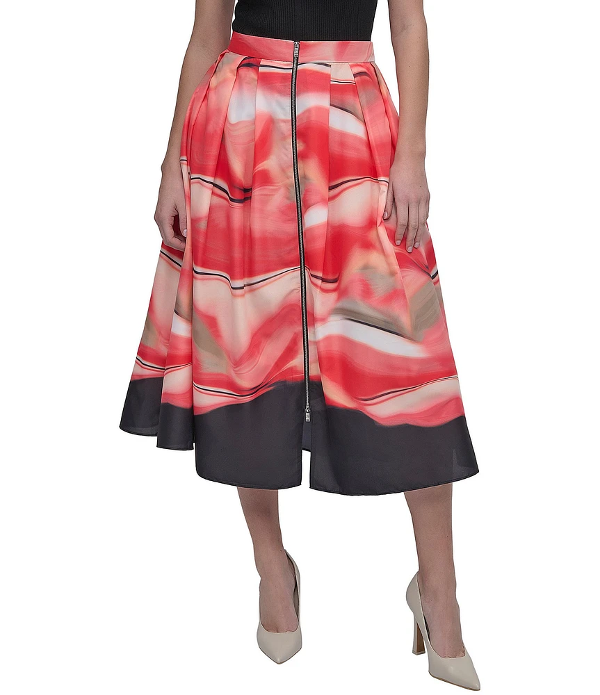 DKNY by Donna Karan Front Zip Border Print A-Line Midi Skirt