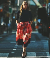 DKNY by Donna Karan Front Zip Border Print A-Line Midi Skirt