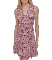 DKNY by Donna Karan Jersey V-Neck Sleeveless Button Front Fit And Flare Dress