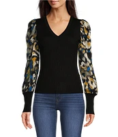 DKNY by Donna Karan Knit Mix Media Brush Stroke Print Puff Long Sleeve Top