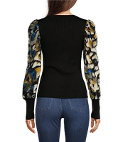 DKNY by Donna Karan Knit Mix Media Brush Stroke Print Puff Long Sleeve Top