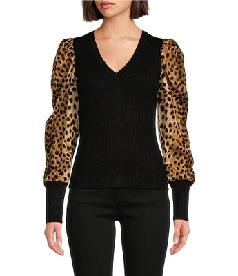 DKNY by Donna Karan Knit Mix Media Cheetah Print Puff Long Sleeve Top