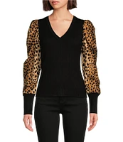 DKNY by Donna Karan Knit Mix Media Cheetah Print Puff Long Sleeve Top