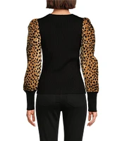 DKNY by Donna Karan Knit Mix Media Cheetah Print Puff Long Sleeve Top