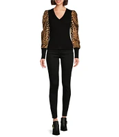 DKNY by Donna Karan Knit Mix Media Cheetah Print Puff Long Sleeve Top