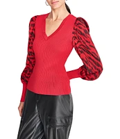 DKNY by Donna Karan Knit Mix Media Streaky Tiger Print Puff Long Sleeve Top