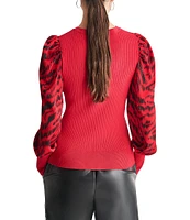 DKNY by Donna Karan Knit Mix Media Streaky Tiger Print Puff Long Sleeve Top