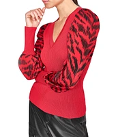 DKNY by Donna Karan Knit Mix Media Streaky Tiger Print Puff Long Sleeve Top