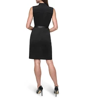 DKNY by Donna Karan Knit Notch Collar Neck Sleeveless Buckle Belt Front Zipper Sheath Mini Dress