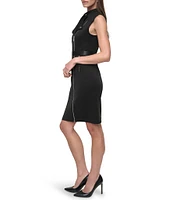 DKNY by Donna Karan Knit Notch Collar Neck Sleeveless Buckle Belt Front Zipper Sheath Mini Dress