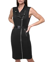 DKNY by Donna Karan Knit Notch Collar Neck Sleeveless Buckle Belt Front Zipper Sheath Mini Dress