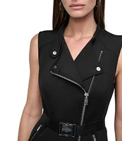 DKNY by Donna Karan Knit Notch Collar Neck Sleeveless Buckle Belt Front Zipper Sheath Mini Dress