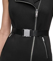 DKNY by Donna Karan Knit Notch Collar Neck Sleeveless Buckle Belt Front Zipper Sheath Mini Dress