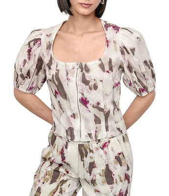 DKNY by Donna Karan Linen Blend Scoop Neck Puff Sleeve Zip Front Blouse