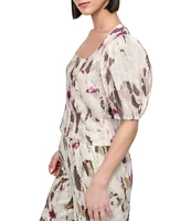 DKNY by Donna Karan Linen Blend Scoop Neck Puff Sleeve Zip Front Blouse