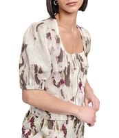 DKNY by Donna Karan Linen Blend Scoop Neck Puff Sleeve Zip Front Blouse