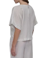 DKNY by Donna Karan Linen Crew Neck Studded Short Sleeve Boxy top