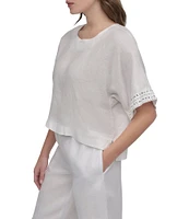 DKNY by Donna Karan Linen Crew Neck Studded Short Sleeve Boxy top