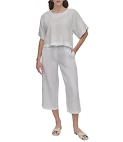 DKNY by Donna Karan Linen Crew Neck Studded Short Sleeve Boxy top