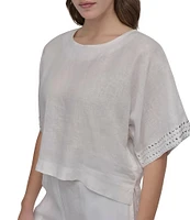 DKNY by Donna Karan Linen Crew Neck Studded Short Sleeve Boxy top