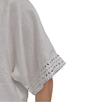 DKNY by Donna Karan Linen Crew Neck Studded Short Sleeve Boxy top