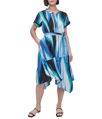 DKNY by Donna Karan Linen Short Sleeve Tie Waist Dress
