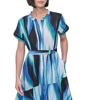 DKNY by Donna Karan Linen Short Sleeve Tie Waist Dress