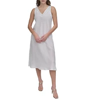 DKNY by Donna Karan Linen Studded V-Neck Sleeveless Midi Dress