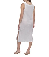 DKNY by Donna Karan Linen Studded V-Neck Sleeveless Midi Dress