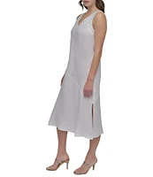 DKNY by Donna Karan Linen Studded V-Neck Sleeveless Midi Dress