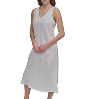DKNY by Donna Karan Linen Studded V-Neck Sleeveless Midi Dress