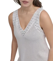 DKNY by Donna Karan Linen Studded V-Neck Sleeveless Midi Dress