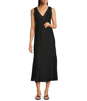 DKNY by Donna Karan Linen Studded V-Neck Sleeveless Midi Dress