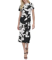 DKNY by Donna Karan Matte Jersey Floral Print Boat Neck Short Sleeve Twist Front Sheath Midi Dress