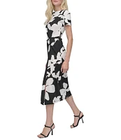 DKNY by Donna Karan Matte Jersey Floral Print Boat Neck Short Sleeve Twist Front Sheath Midi Dress