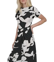 DKNY by Donna Karan Matte Jersey Floral Print Boat Neck Short Sleeve Twist Front Sheath Midi Dress