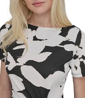 DKNY by Donna Karan Matte Jersey Floral Print Boat Neck Short Sleeve Twist Front Sheath Midi Dress
