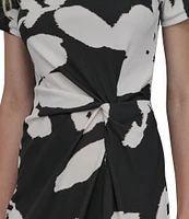 DKNY by Donna Karan Matte Jersey Floral Print Boat Neck Short Sleeve Twist Front Sheath Midi Dress