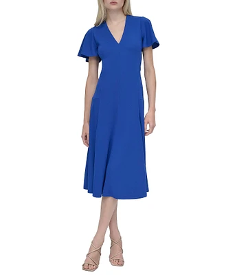 DKNY by Donna Karan Matte Jersey V Neck Short Sleeve Fit and Flare Midi Dress