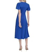 DKNY by Donna Karan Matte Jersey V Neck Short Sleeve Fit and Flare Midi Dress