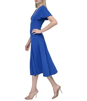 DKNY by Donna Karan Matte Jersey V Neck Short Sleeve Fit and Flare Midi Dress