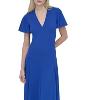 DKNY by Donna Karan Matte Jersey V Neck Short Sleeve Fit and Flare Midi Dress
