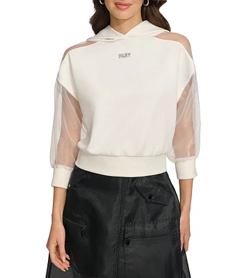 DKNY by Donna Karan Mix Media Sheer 3/4 Sleeve Cropped Logo Hoodie