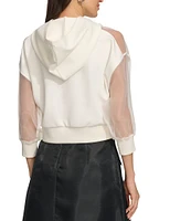 DKNY by Donna Karan Mix Media Sheer 3/4 Sleeve Cropped Logo Hoodie
