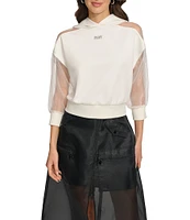 DKNY by Donna Karan Mix Media Sheer 3/4 Sleeve Cropped Logo Hoodie