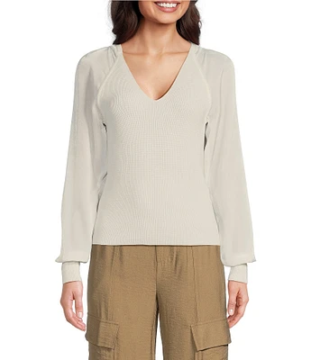 DKNY by Donna Karan Mixed Media Knit V-Neck Long Sleeve Sweater