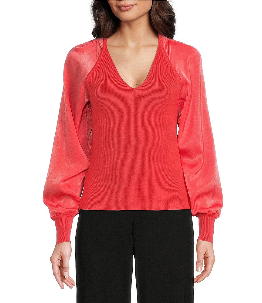 DKNY by Donna Karan Mixed Media Knit V-Neck Long Sleeve Sweater